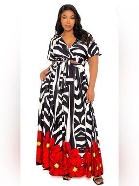 Plus Size Black & White Zebra-Print Maxi Skirt Set with crop top and skirt♥️